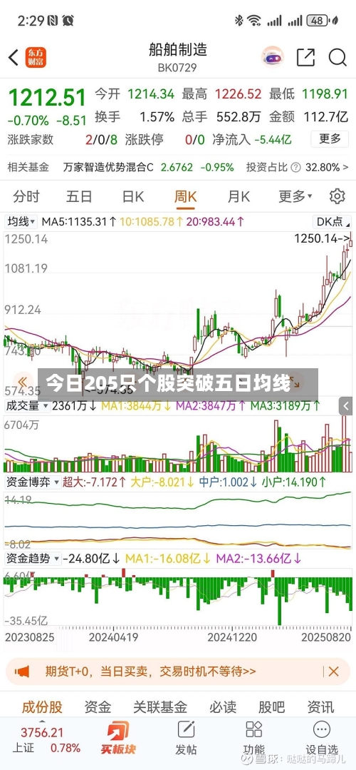 今日205只个股突破五日均线